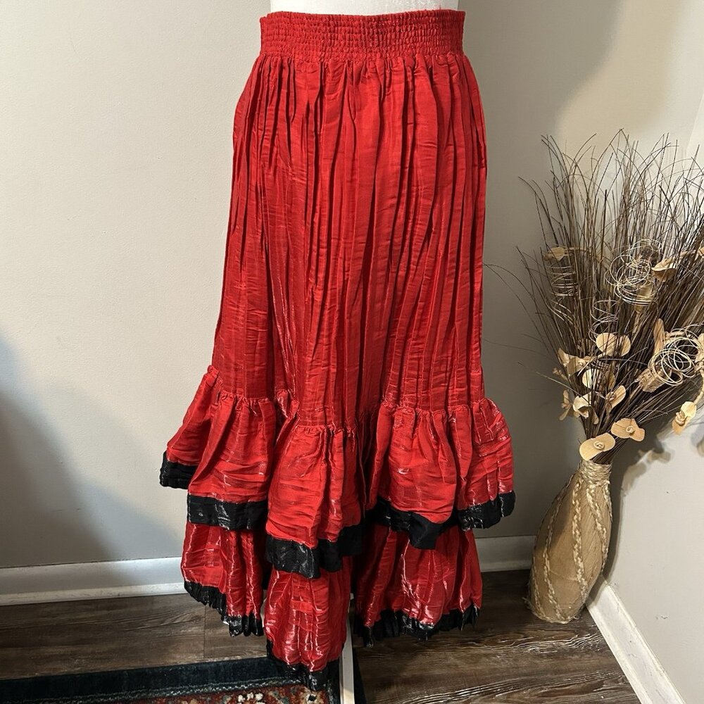 Vtg Bar None Red Black Shiny Tiered Maxi Skirt Boho Pirate Goth Witchy Sz M USA